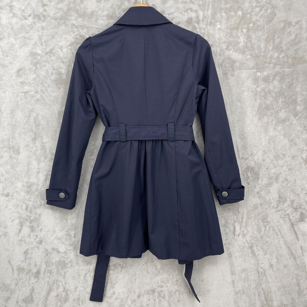 Elevenses Navy Ruffle Double Breasted Belted Mid Length Trench Coat - Picture 7 of 15
